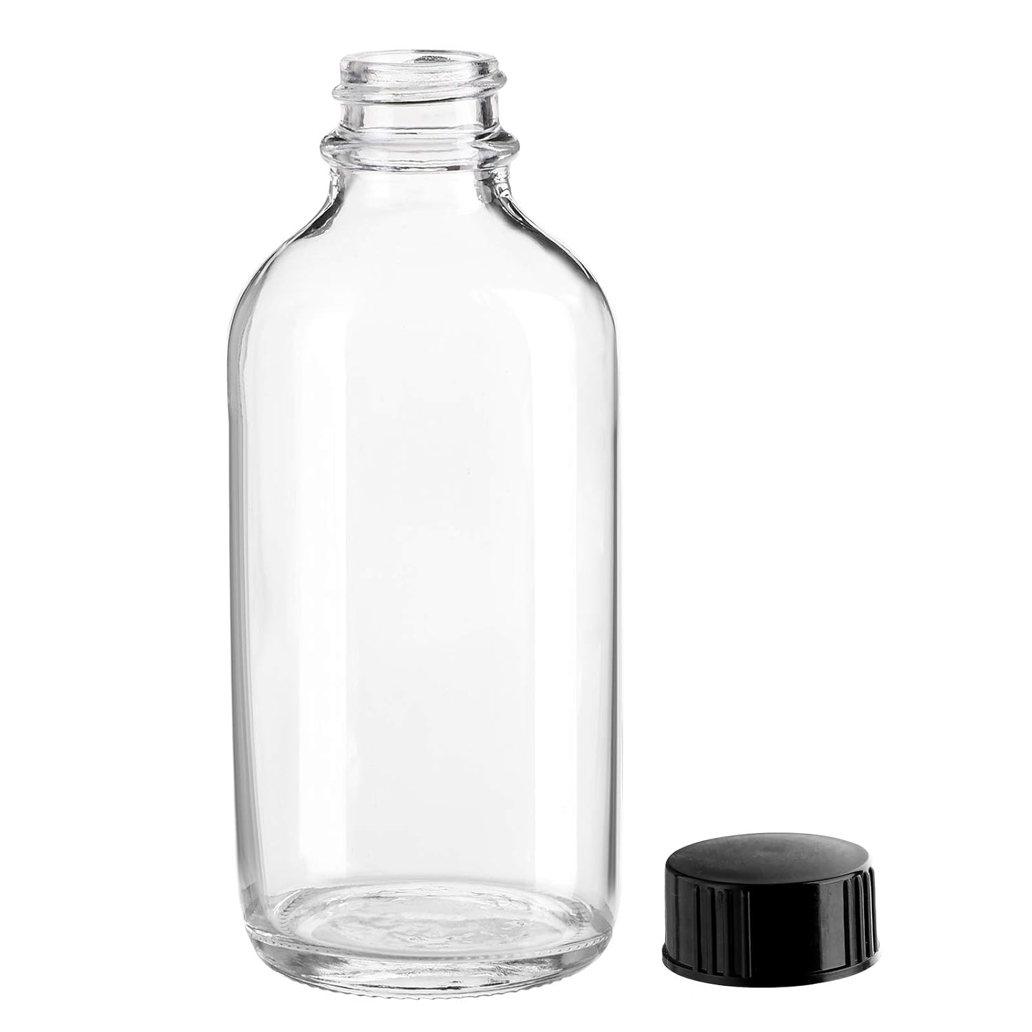 Bekith Paquete de 24 botellas redondas Boston transparentes con tapa de cono de polietileno negro, botellas de vidrio transparente de 4 onzas,