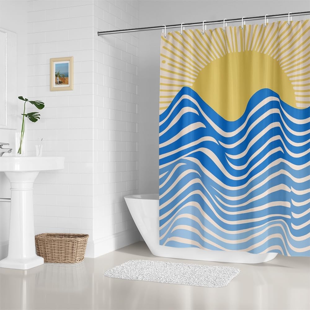 Cortina de ducha bohemia con paisaje marino abstracto, cortina de baño para baño, decoración de baño, juego de cortinas de ducha modernas con 12