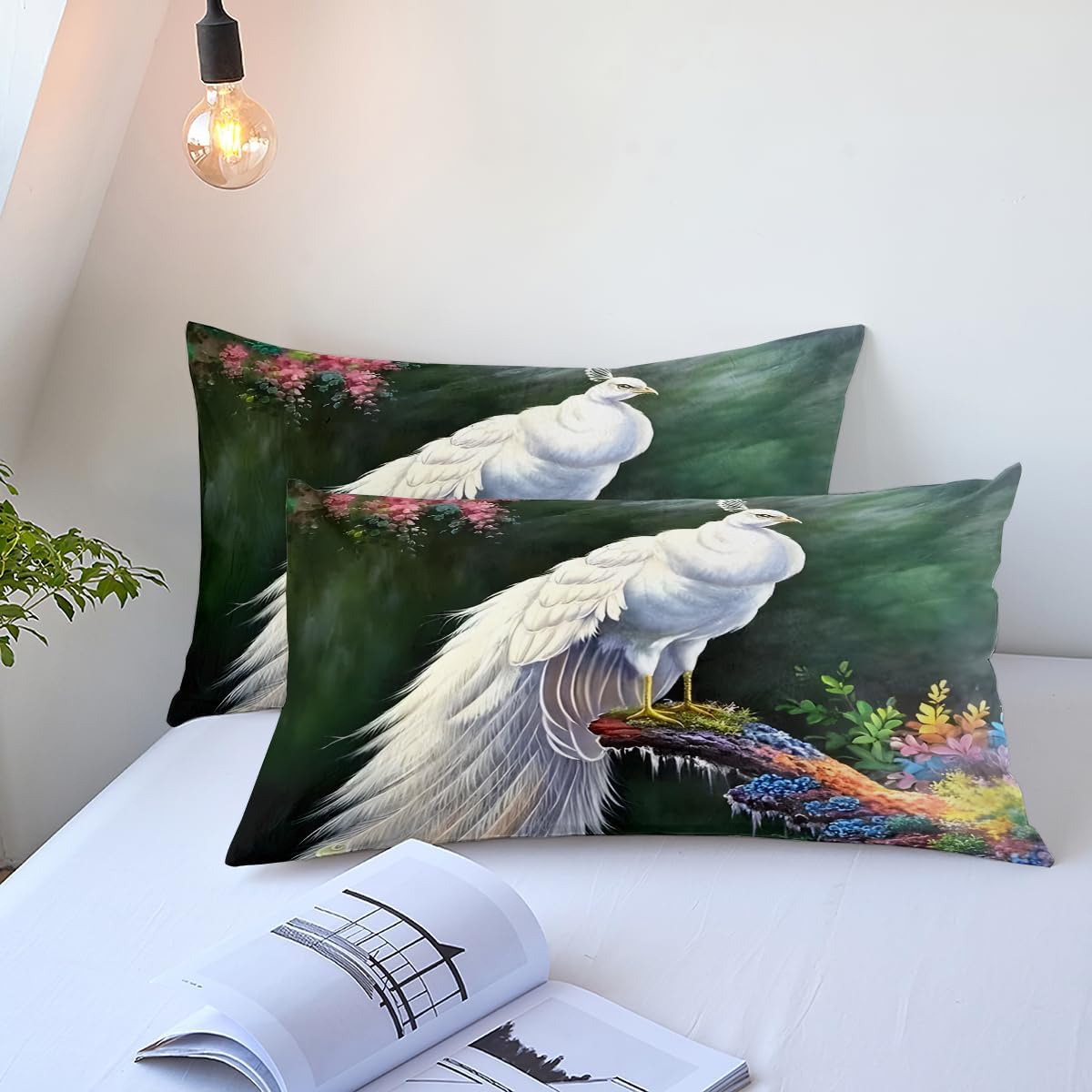 CCoutueChen Juego de edredón de 3 piezas con diseño de plumas de pájaros y animales en una bolsa, tamaño Queen, juego de edredón de pavo real blanco