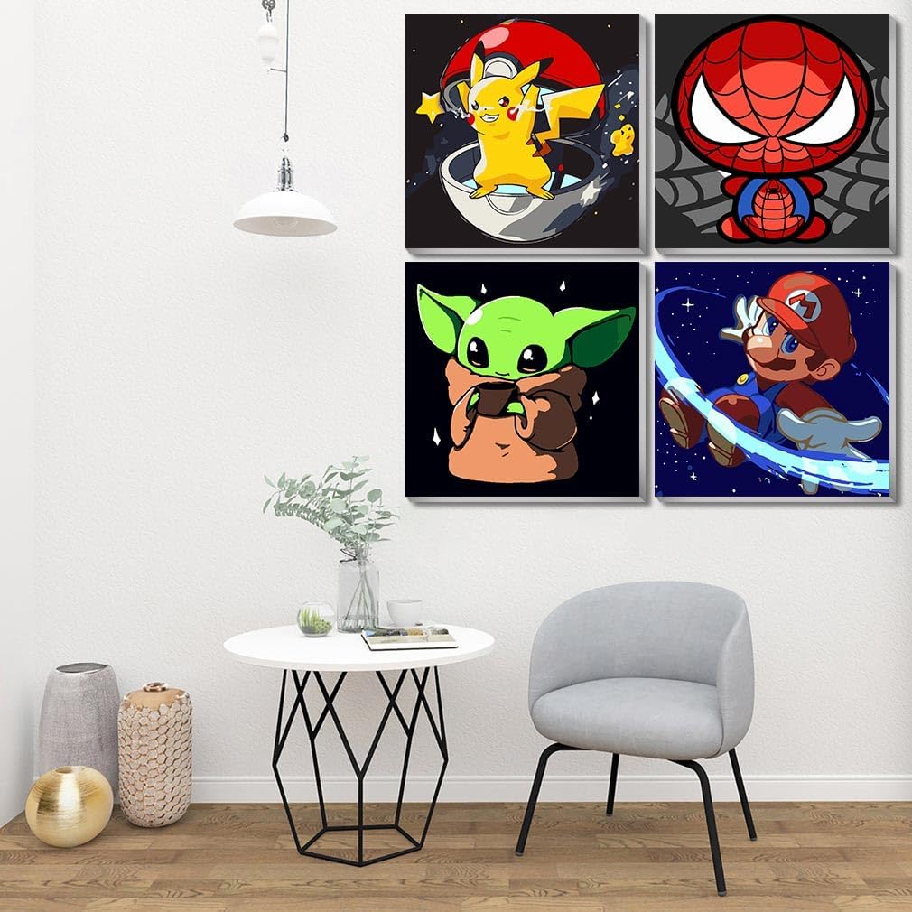 Paquete de 4 pinturas por números para niños de 8 a 12 años con marco, kits de pintura de dibujos animados por números en lienzo para adultos