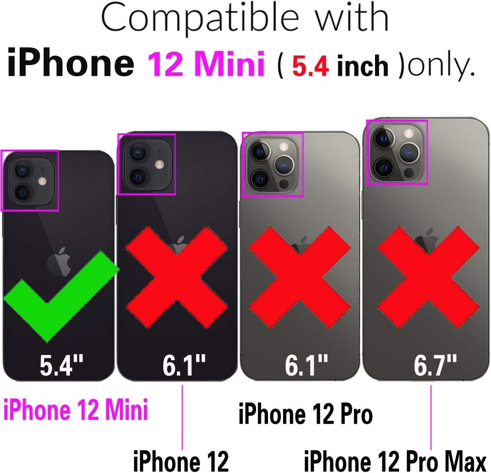 Asuwish Compatible con iPhone 12 Mini 5.4 Funda tipo cartera y protector de pantalla de vidrio templado, soporte de ranura para tarjetas, soporte