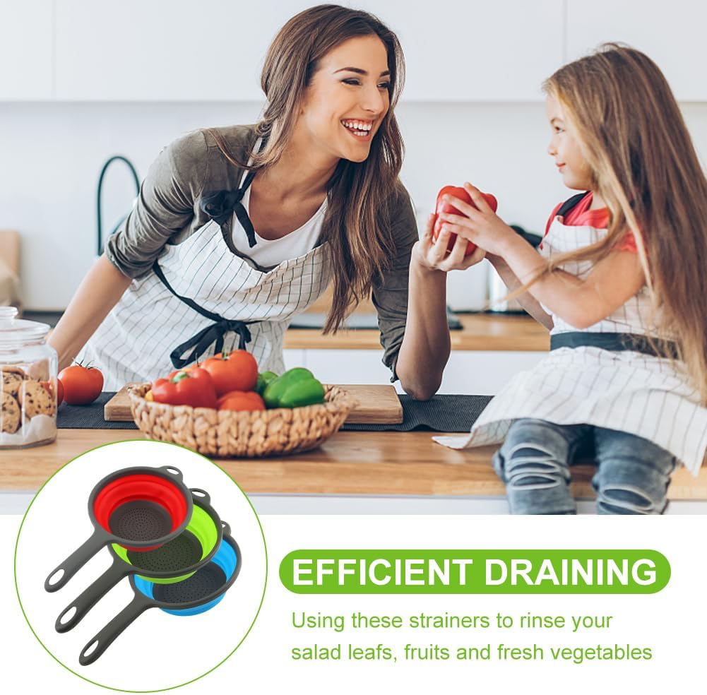 Colador plegable para cocina, 3 tamaños, juego de cestas de colador plegable de silicona con asas, escurridor redondo para lavar frutas, alimentos y