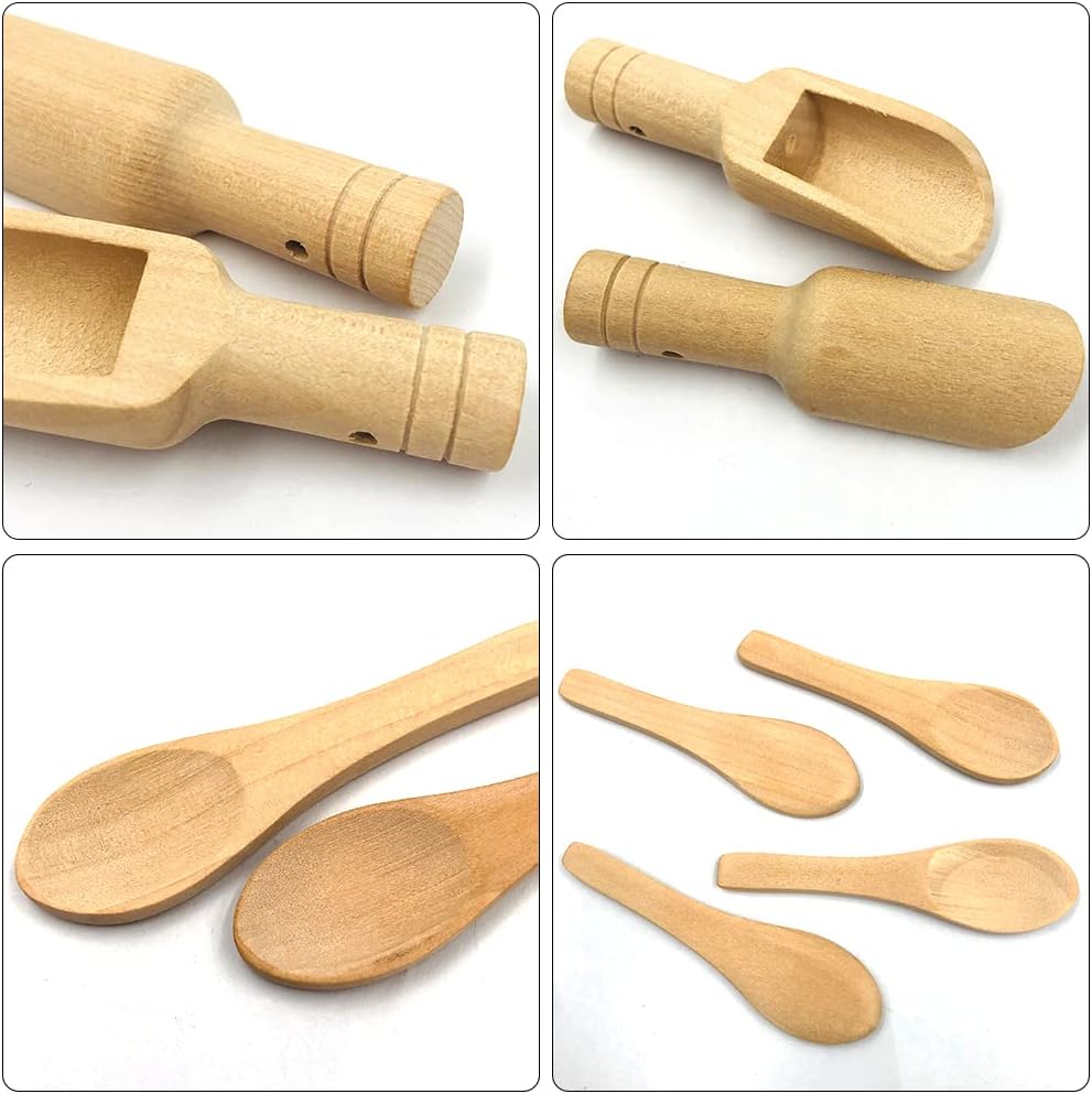 20 mini cucharas de madera, dos estilos y longitudes de mini cucharas se utilizan para condimentos, sal de baño, detergente en polvo, producción