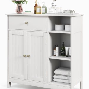 Armario de baño, armario de almacenamiento de piso con 1 cajón, 3 compartimentos abiertos, estantes ajustables, armario decorativo para sala de Armario de baño, armario de almacenamiento de piso con 1 cajón, 3 compartimentos abiertos, estantes ajustables, armario decorativo para sala de