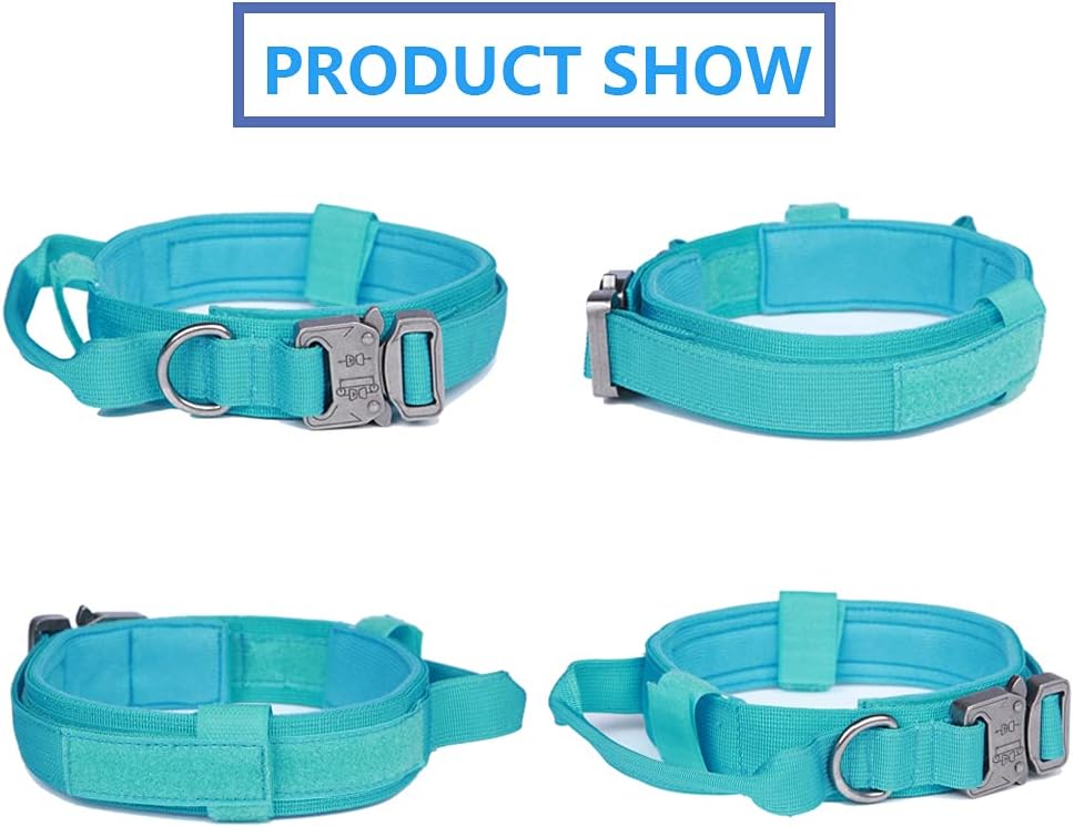 Collar táctico para perro, collar militar ajustable de nailon para perro, hebilla de metal resistente con asa para entrenamiento de perros (azul, L)