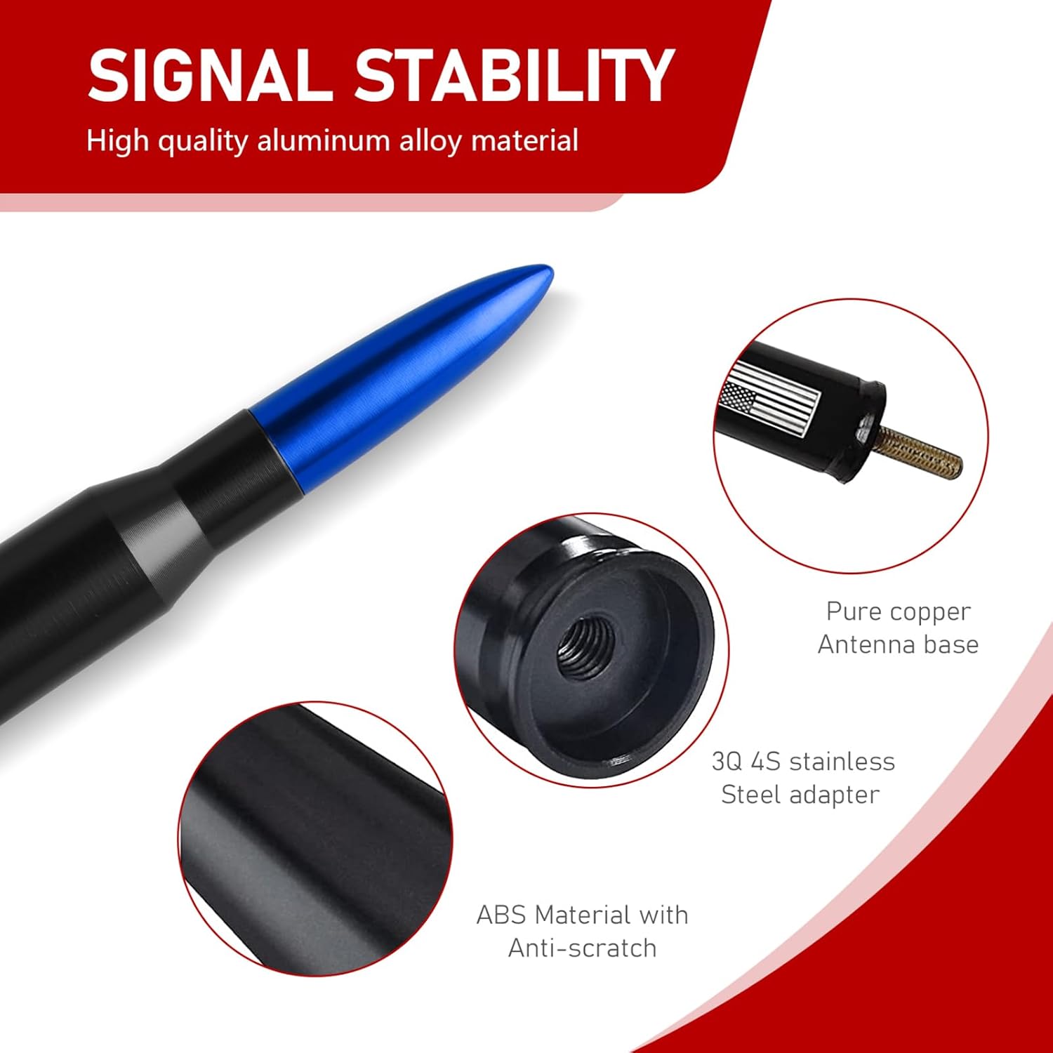 1 antena de repuesto de bala para automóvil, 10 tornillos, 2 arandelas, 1 antena antirrobo de metal compatible con Ford F150 Wrangler, Jeep,