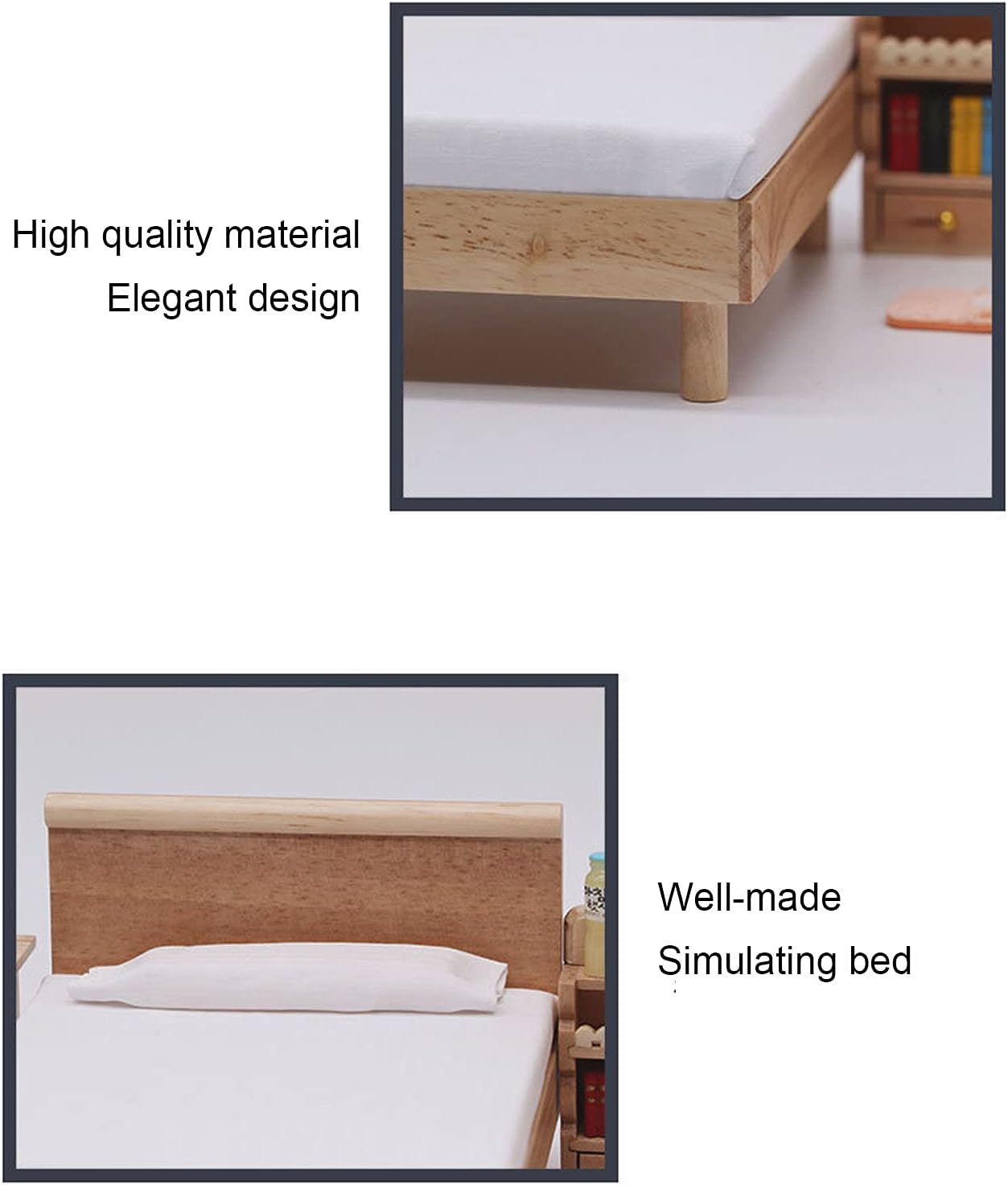 Cama doble para casa de muñecas, marco de madera, muebles en miniatura de roble, accesorios de decoración de casa de muñecas con almohada decorativa