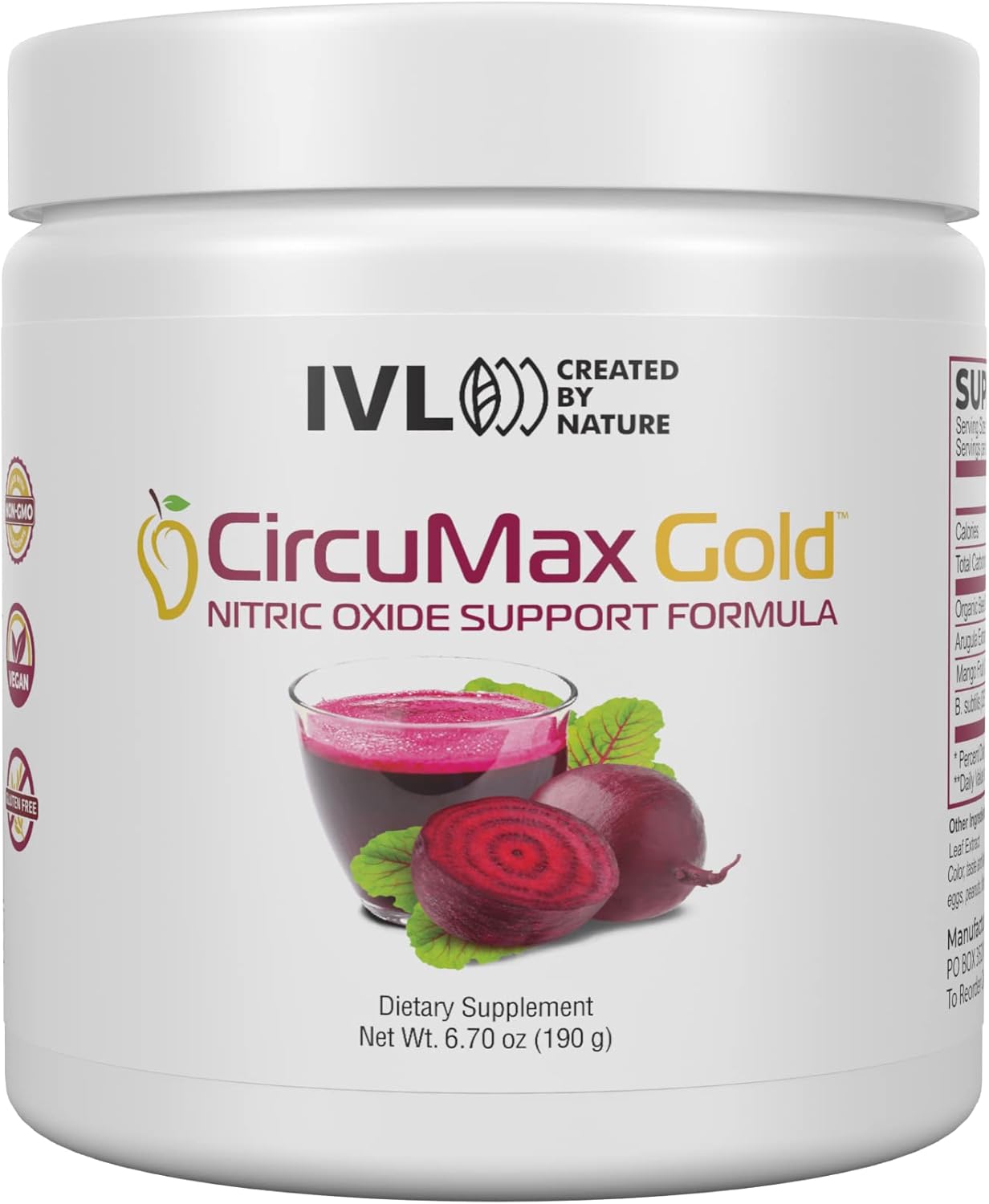 IVL – CircuMax Gold – Suplemento de óxido nítrico en polvo – Remolacha orgánica – Suplemento en polvo de remolacha – Polvo de mango Careflow y Nitro