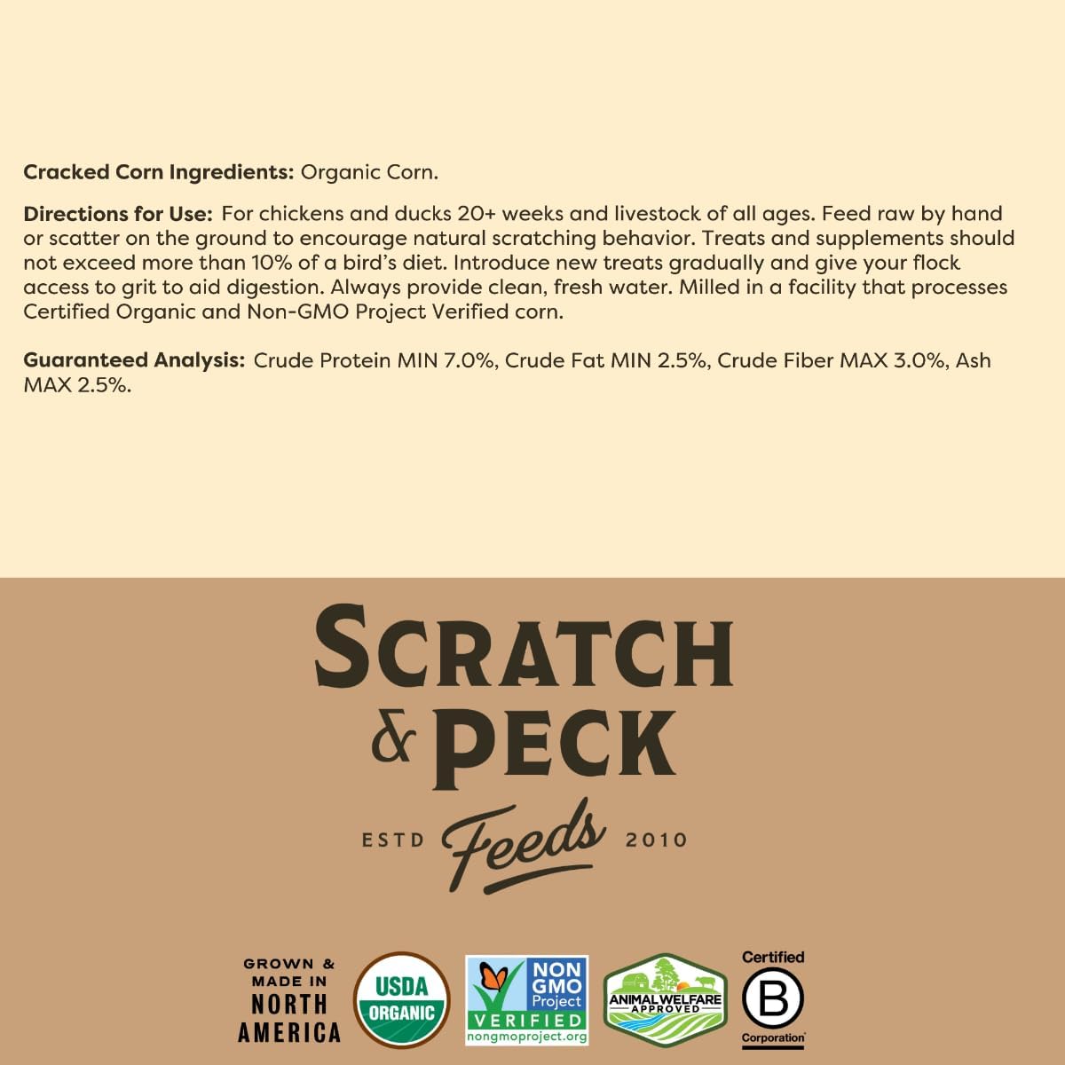 Scratch and Peck Feeds Cluckin’ Good Cracked Corn  8 libras  Suplemento de carbohidratos y proteínas para pollo  Proyecto orgánico y sin OMG