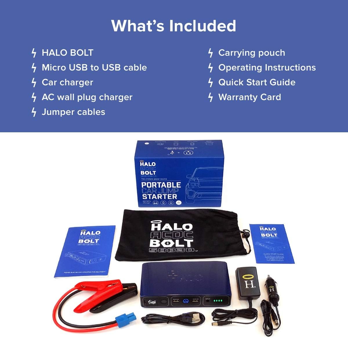 HALO Bolt – Cargador portátil de 58,830 mWh para teléfono y laptop, arrancador de automóvil con salida de corriente alterna y cargador de automóvil