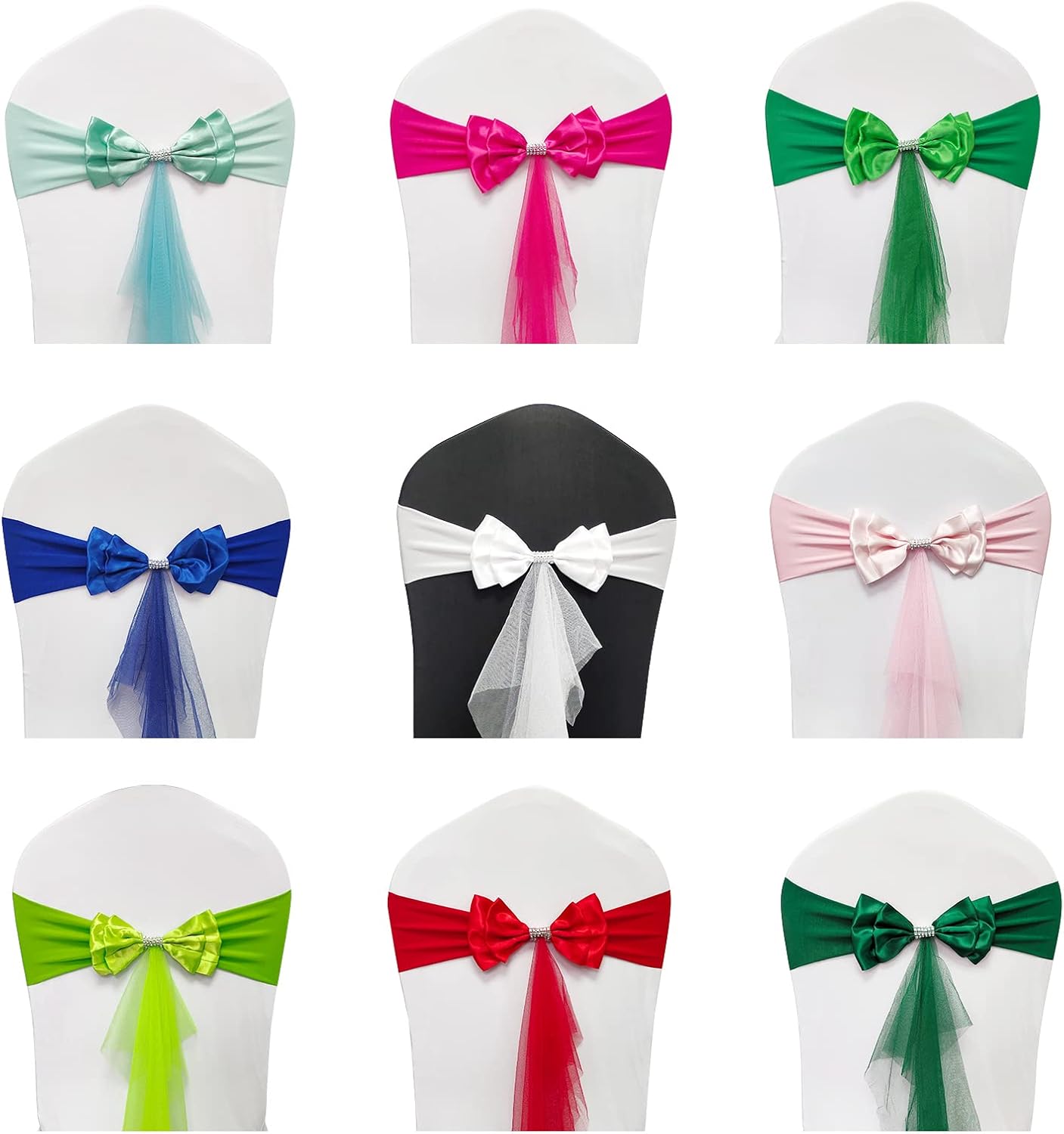 Bandas elásticas de elastano para decoración de sillas, bodas, fiestas, recepciones, banquetes, bandas elásticas con lazos dobles, organza flotante,