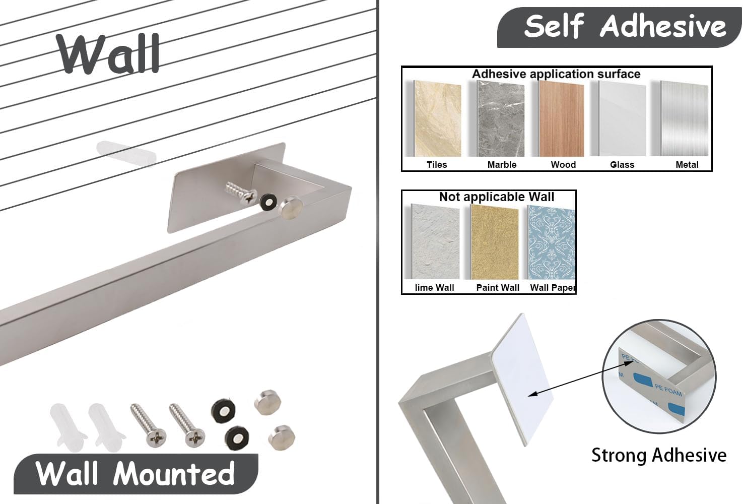 Toallero de baño autoadhesivo, sin perforaciones, fácil de instalar, soporte para toallas de mano hecho de acero inoxidable de alta calidad adhesivo