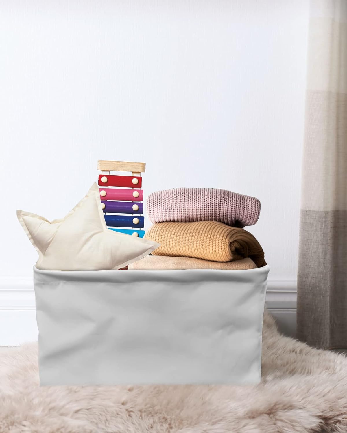 Cesta de almacenamiento blanca para organizar estantes, cajas de almacenamiento plegables con asa, moderno y simple telón de fondo blanco de lona,