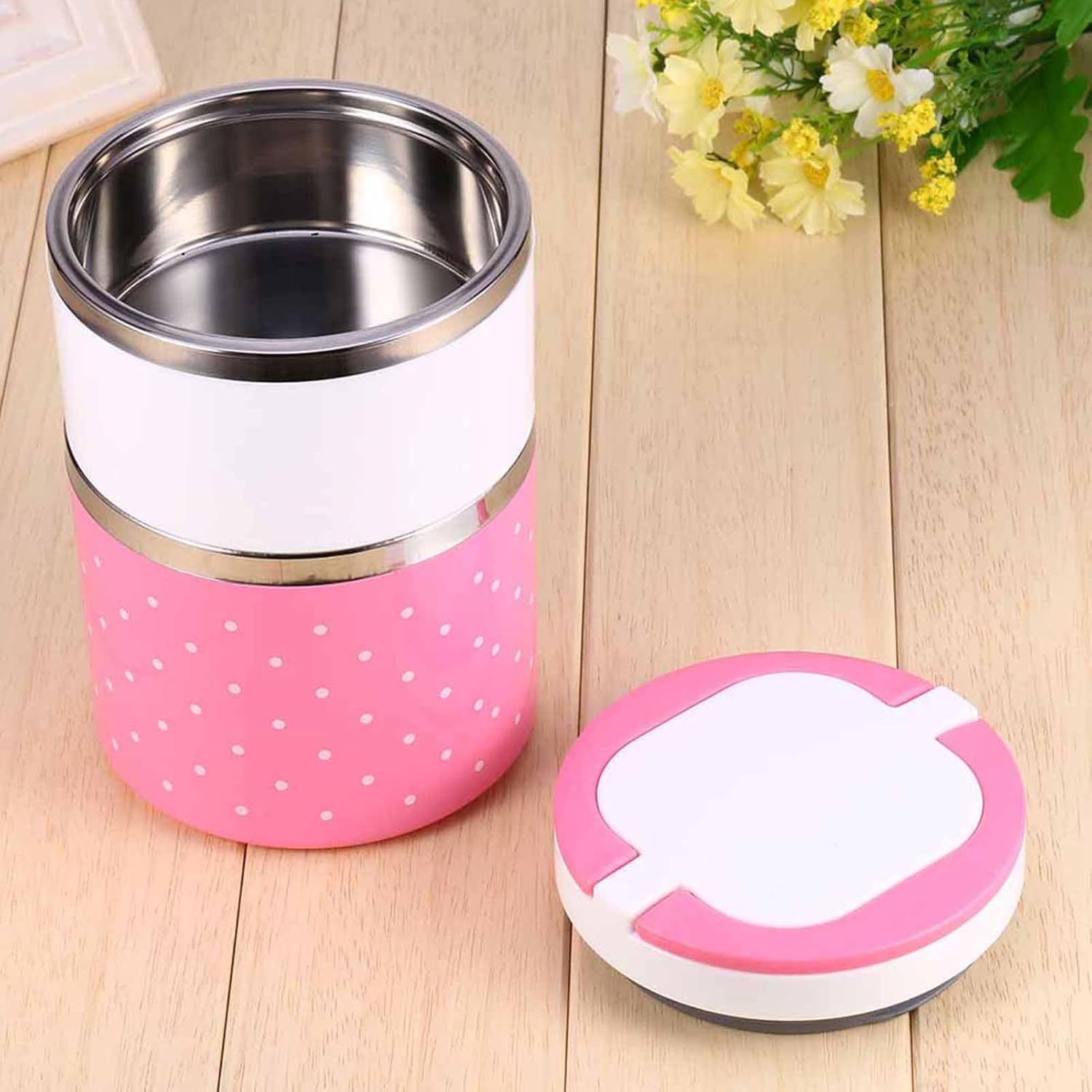 Aramox Lonchera térmica térmica de acero inoxidable de 2 capas, contenedor de alimentos con compartimento caliente, fiambrera Bento, lonchera