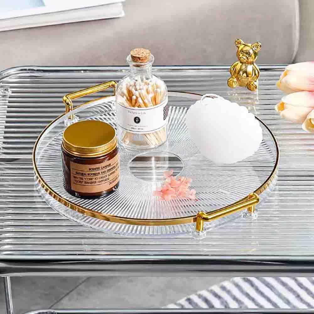 Bandeja de tocador de acrílico con asas doradas, bandeja decorativa para servir platos de velas Comestic para joyas, encimera de tocador,