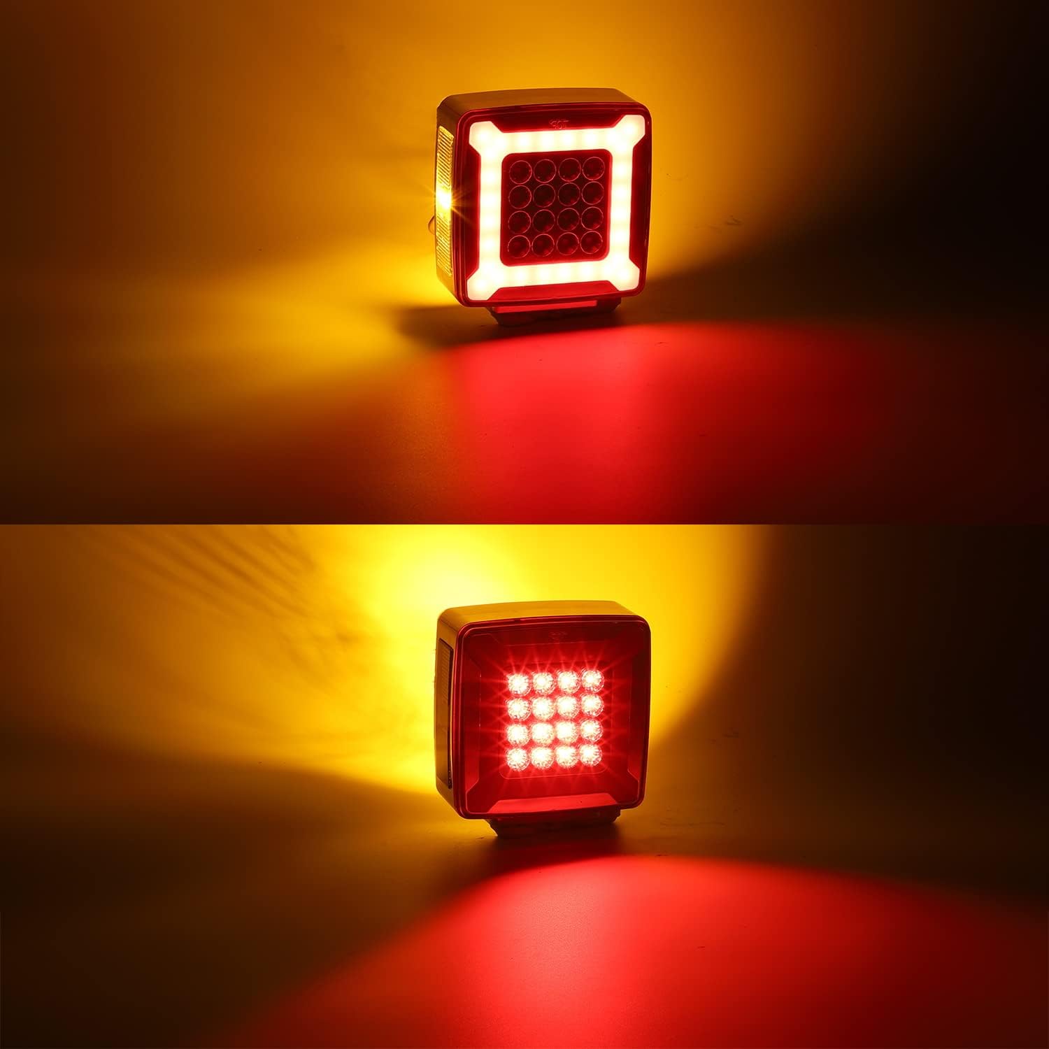 Partsam Par de doble cara cuadrada pedestal guardabarros luces intermitentes Halo Glow Triple Stud, ámbar  rojo cuadrado 47 LED marcador de parada