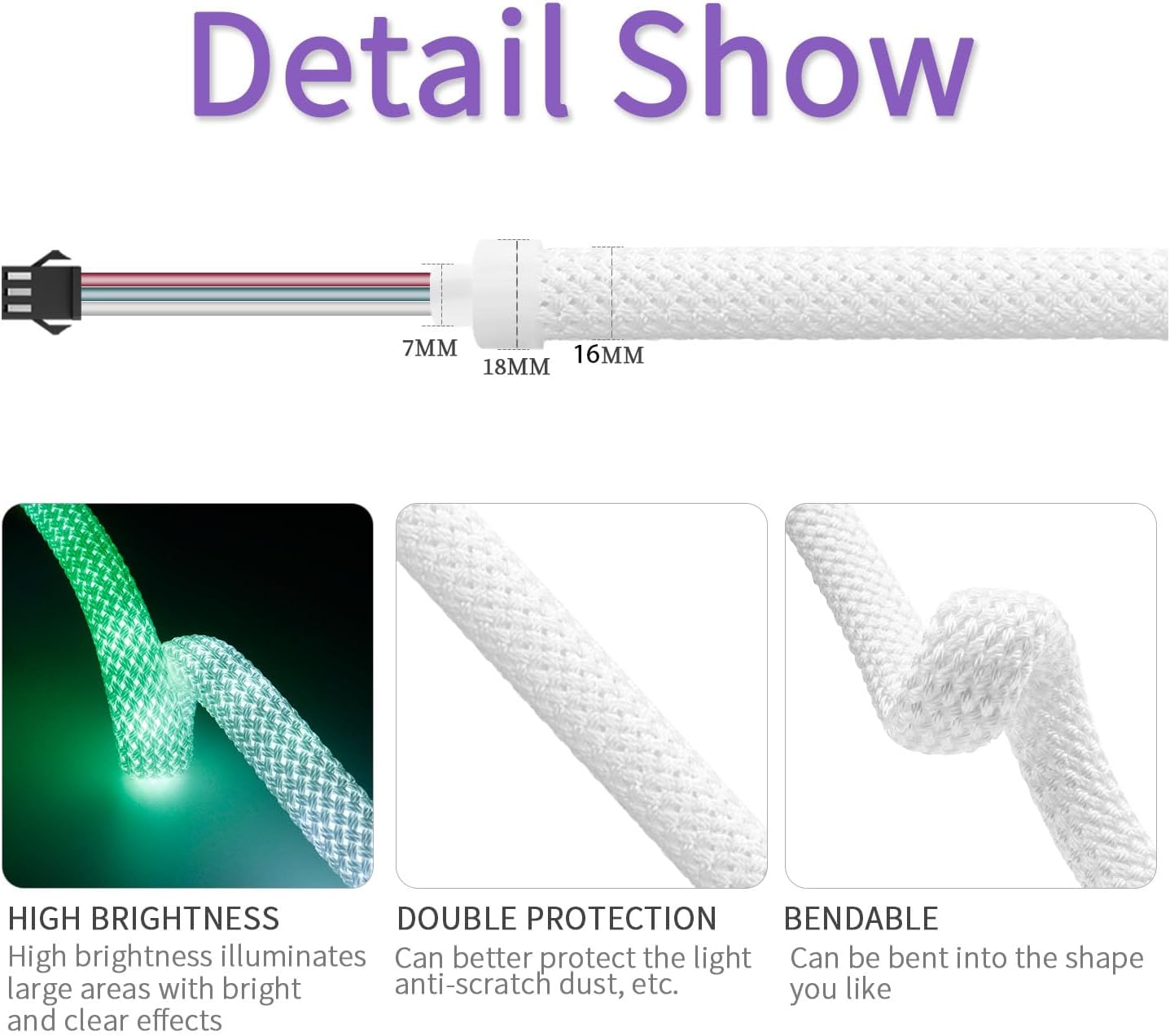 Xnbada 6.5FT WS2811 WS2812B 360 grados redondo patrón reticulado neón LED tira 50Ledsm Smart RGB+IC silicona flexible Dream Color cuerda cinta de