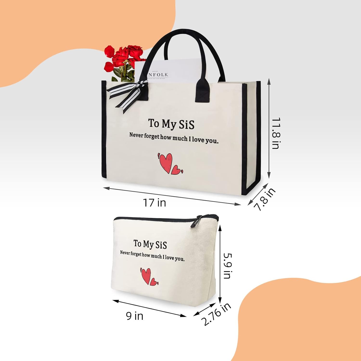 Canvas Tote Bag for Sis Cosmetic Bag Free Tote Bag with Inner Zipper Pocket Shoulder Bag for women Gifts for Sis Sister Gifts Tote for Hospital,