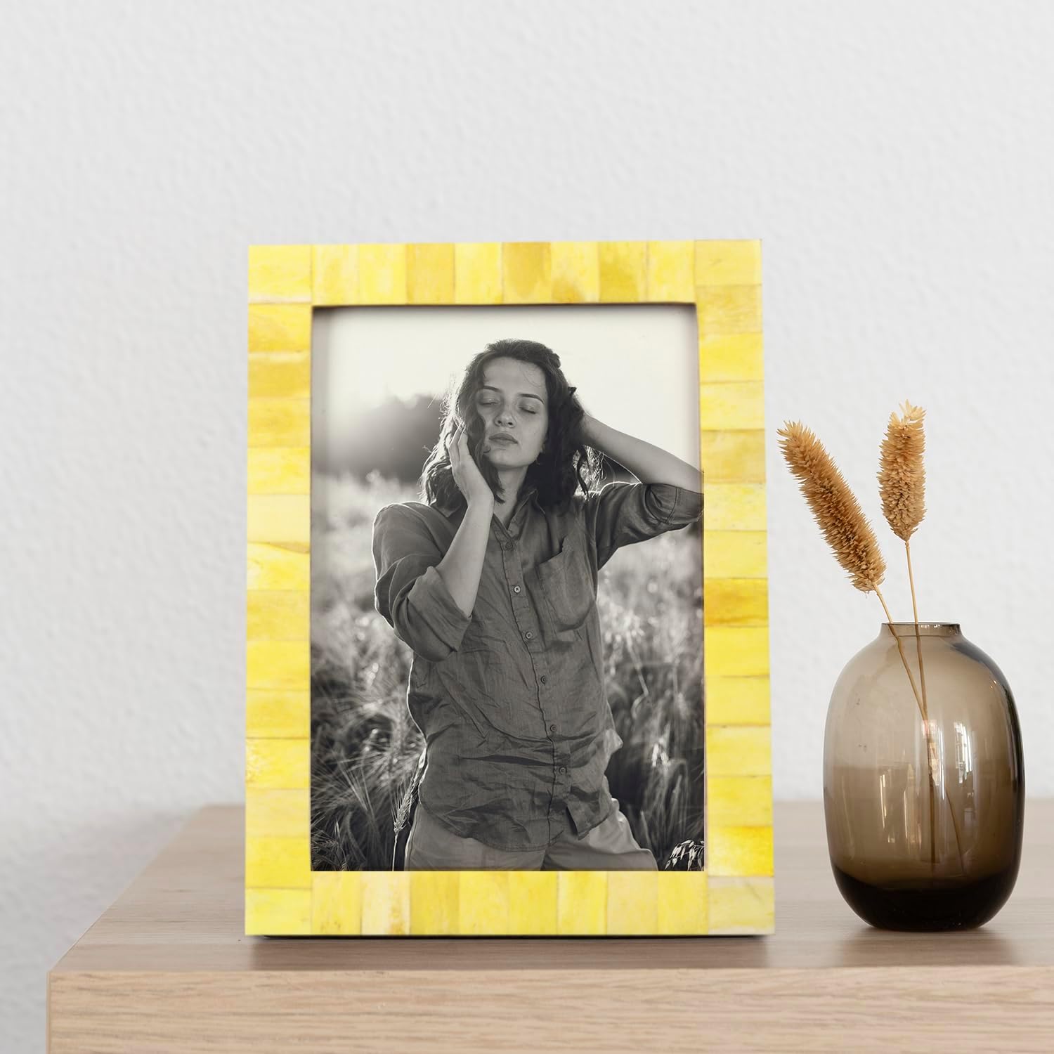 Armazón para fotos de madera desgastada, vintage, artesanía, hecho a mano, natural, clásico, tamaño 4×6 5×7 pulgadas, Amarillo, 5×7