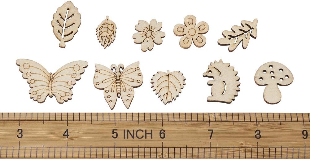 Elecrelive – 300 piezas de recortes de madera sin acabar, hojas de flores, mariposas, pequeñas piezas de madera en blanco, adornos colgantes para