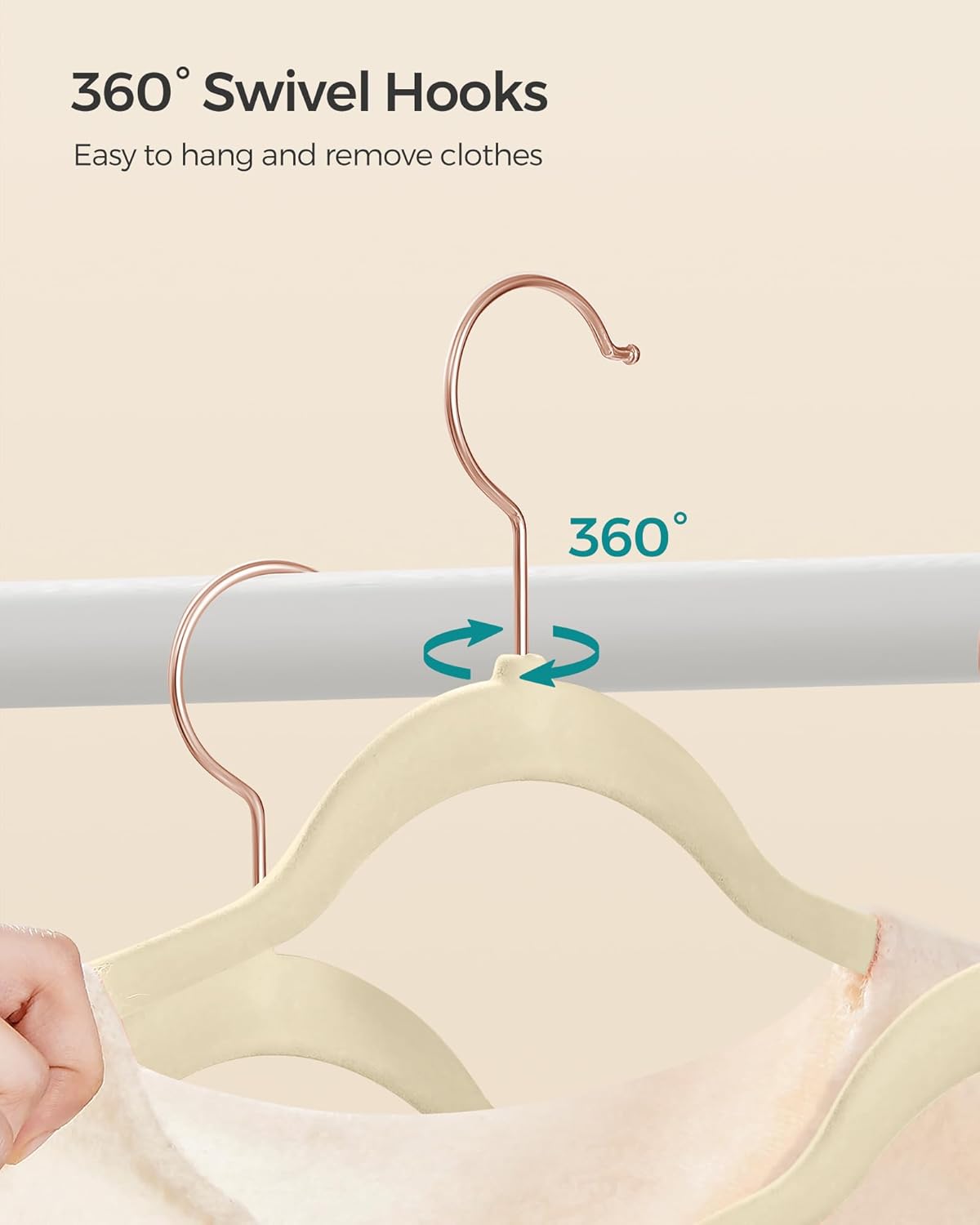 SONGMICS Paquete de 50 perchas de terciopelo antideslizantes con ganchos giratorios de color oro rosa, perchas delgadas que ahorran espacio, perchas