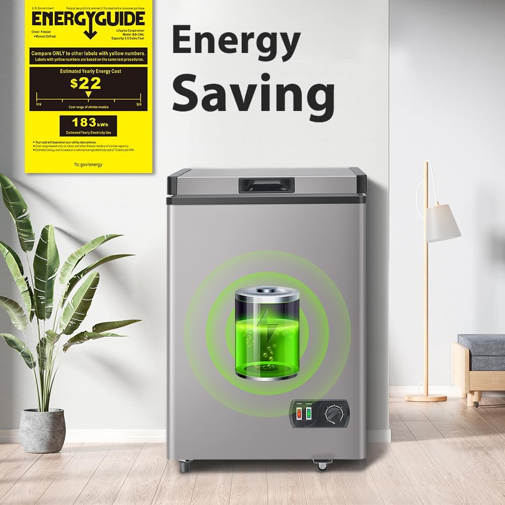 LifePlus Congelador de pecho, pequeño congelador profundo con cesta extraíble, 7 controles de temperatura, ahorro de energía, congelador compacto