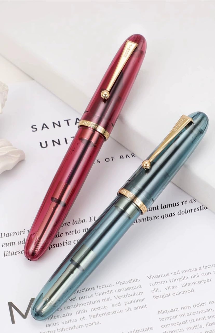 JinHao 9019 – Pluma estilográfica, punta fina de iridio con convertidor, color rojo vino transparente, estilo acrílico, gran capacidad de tinta