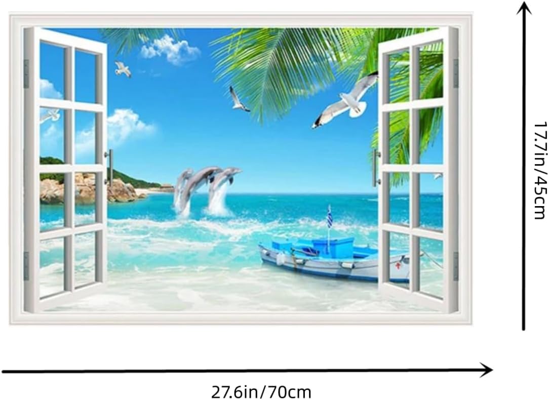 HOTIYOK Calcomanías de pared falsas de océano, diseño de delfines y animales marinos, hojas verdes, gaviotas, mural de pared para ventana, póster