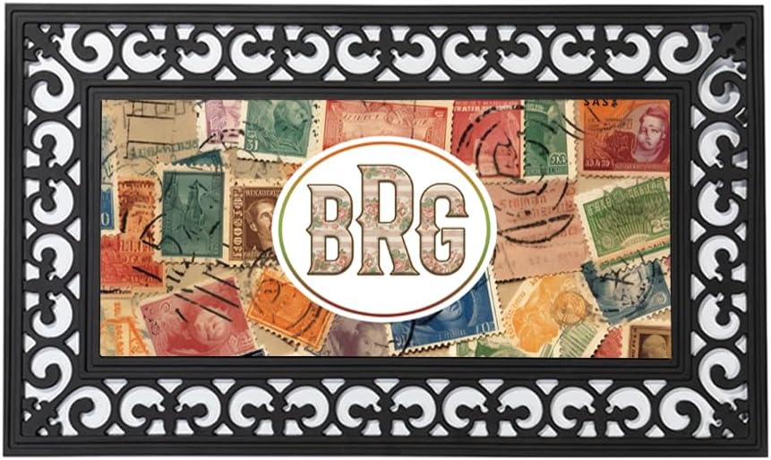 Bleu Reign Personalized Doormat 18×30 inches Door Mat Custom Name Vintage Textures Pattern Design Vintage Postage Stamps