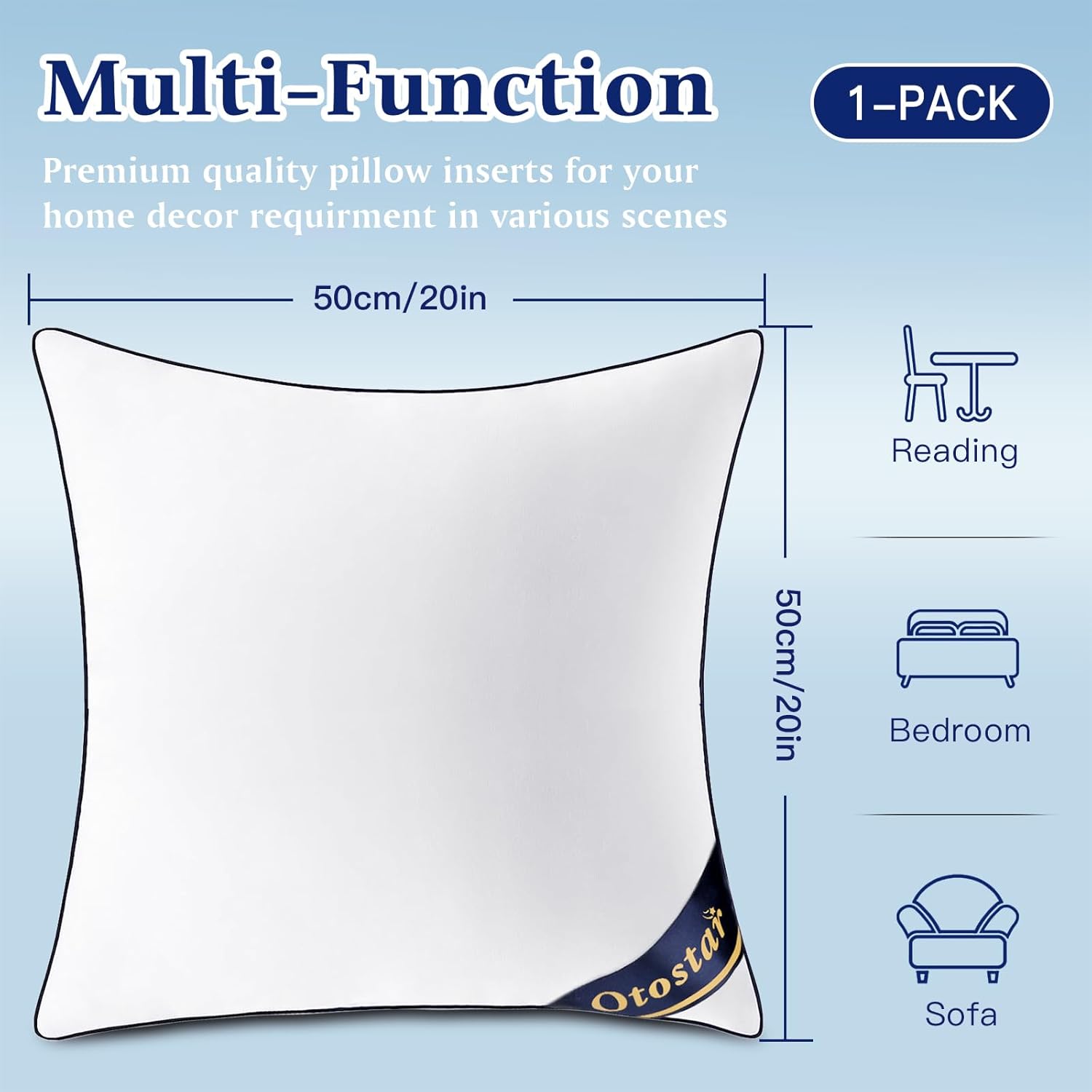 OTOSTAR Insertos de almohada de 20 x 20 pulgadas, almohadas decorativas con funda de algodón 100 % algodón, almohadas cuadradas para sofá, cama,
