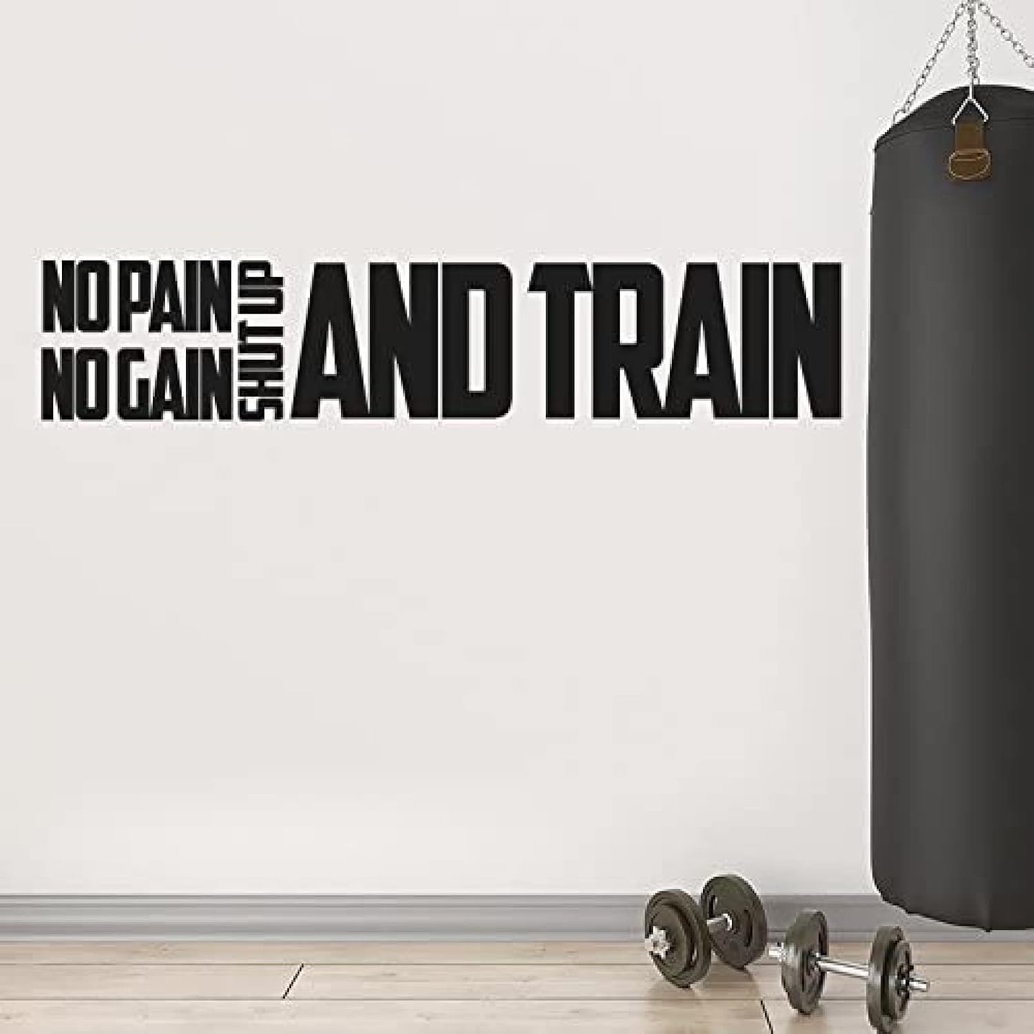 YJQQ No Pain No Gain Shut Up and Train – Arte de pared con citas motivacionales – Adhesivo de pared de entrenamiento de 9.8 in x 50.0 in – Adhesivo