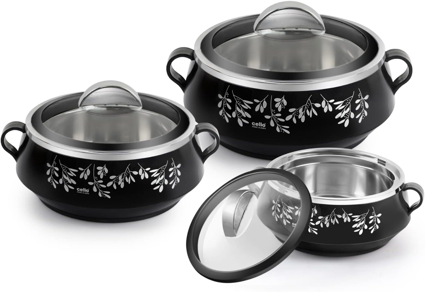 Cello Cazuela de purpurina con acero interior  Juego de cazuela de acero inoxidable aislado para comida chapati curry roti, juego de 3, negro
