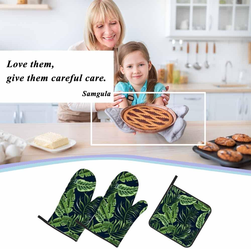 Juego de manoplas de horno y soportes para ollas de hojas verdes, palmeras tropicales, exóticas, resistentes al calor, 3 piezas para cocinar,