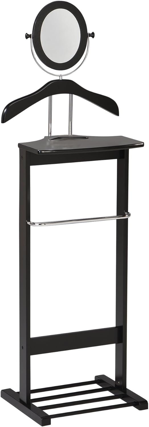 KB Designs – Soporte de valet independiente para traje y corbata de madera negra, estante organizador de ropa