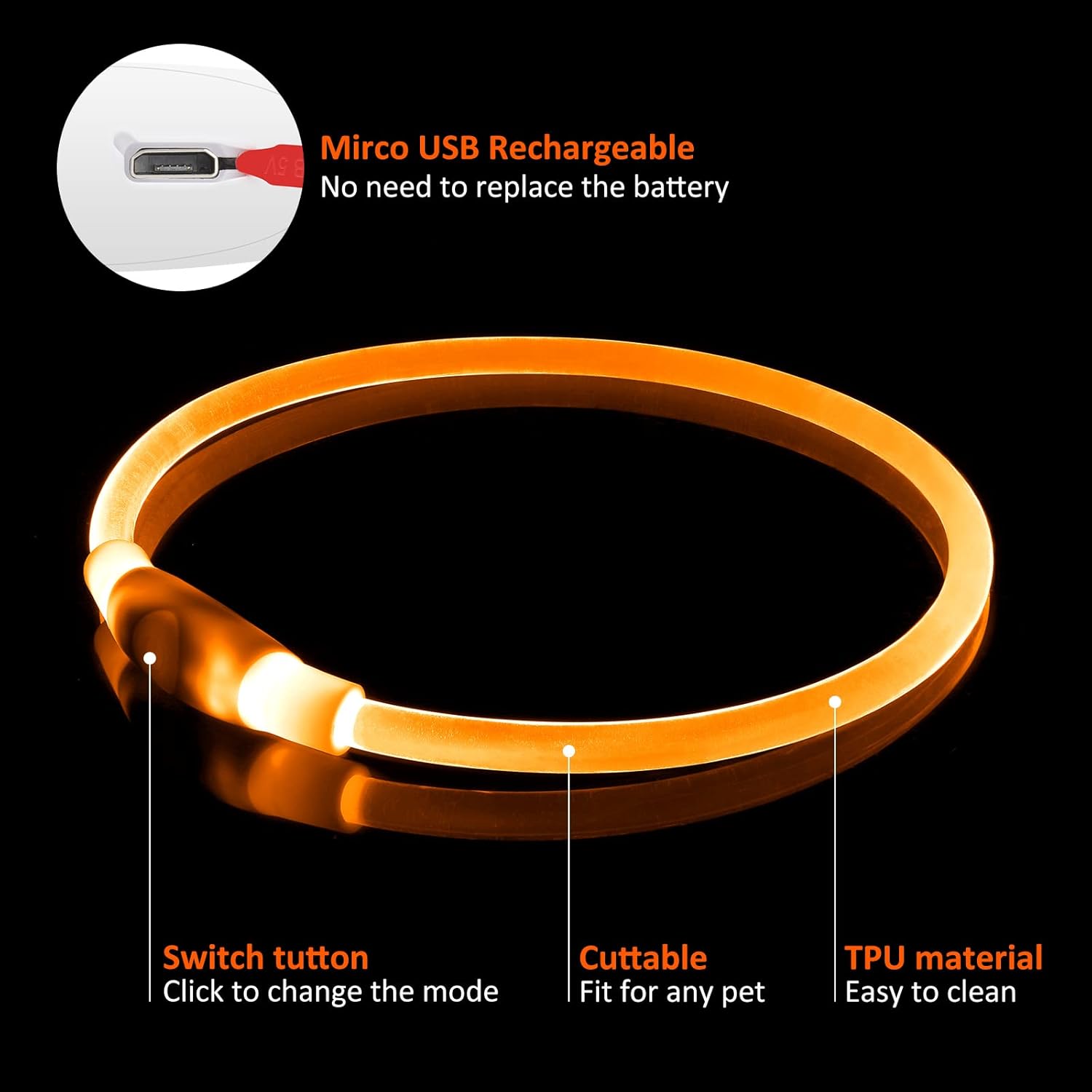 Bpawser Collar de perro con luz LED, 1 unidad recargable por USB, TPU brillante, collares básicos de seguridad para perros grandes, medianos y