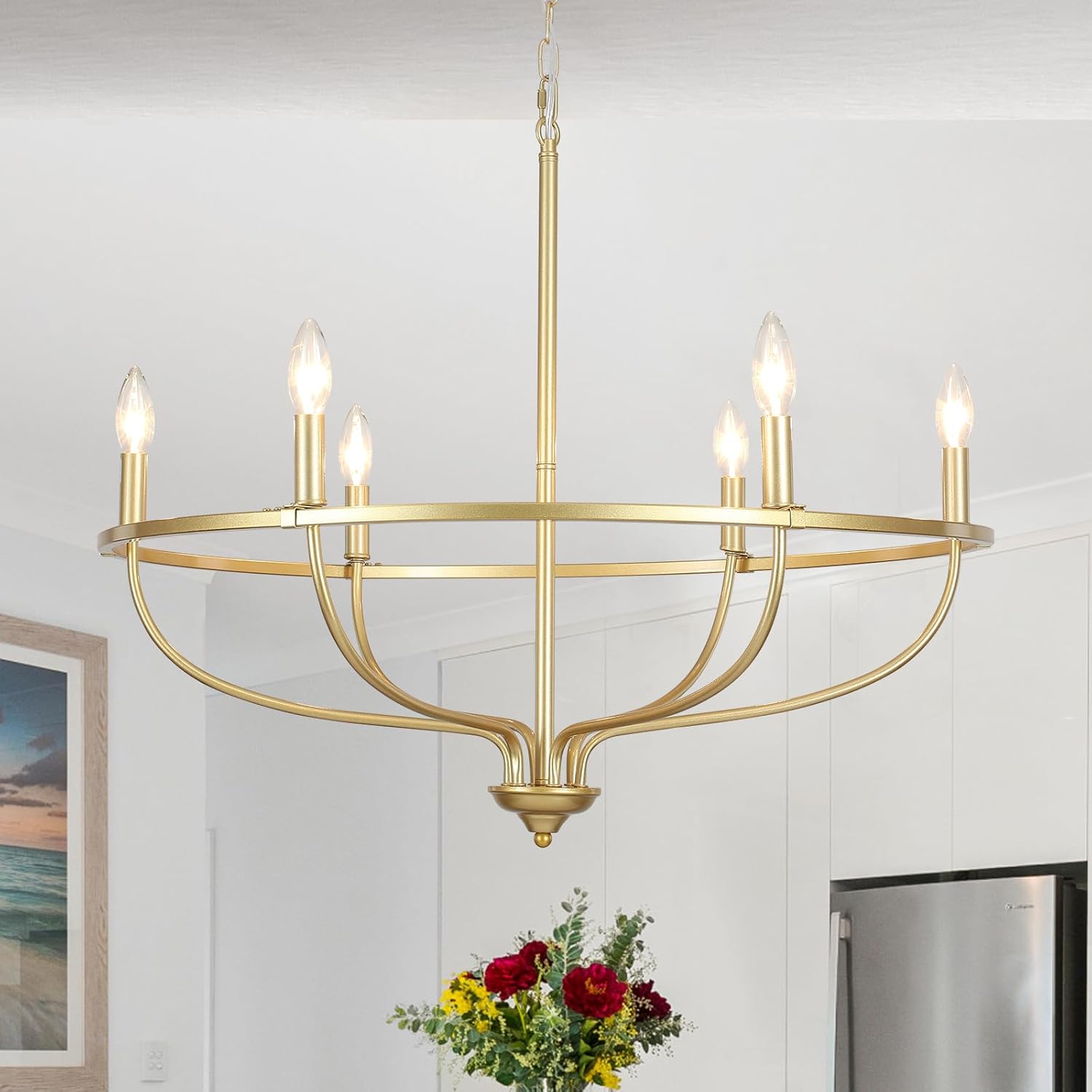Lámpara de araña dorada con 6 luces, moderna para comedor, 28 pulgadas, redonda, industrial, vintage, sobre mesa, para cocina, isla y sala de estar