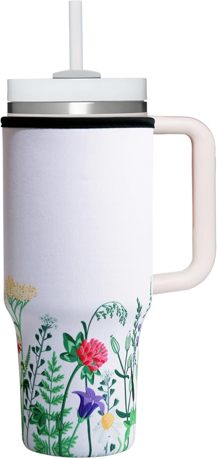 Funda aislante de neopreno compatible con vaso Stanley de 40 onzas con asa, Stanley Quencher H2.0 FlowState, Wild Floral