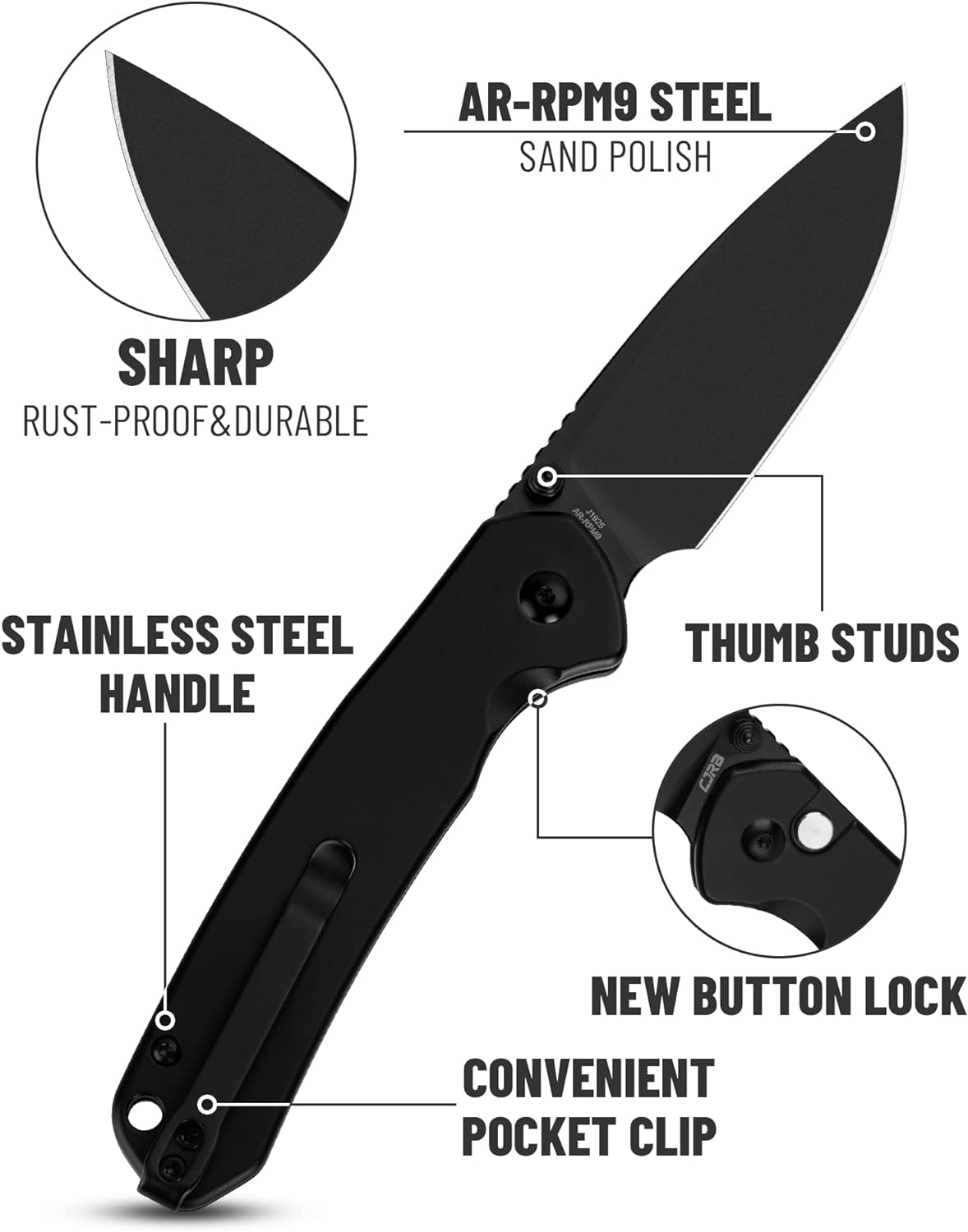 CJRB – Cuchillo plegable pirita (J1925) AR-RPM9 hoja y mango de acero inoxidable PVD negro con bloqueo de botón EDC Navaja de bolsillo con clip