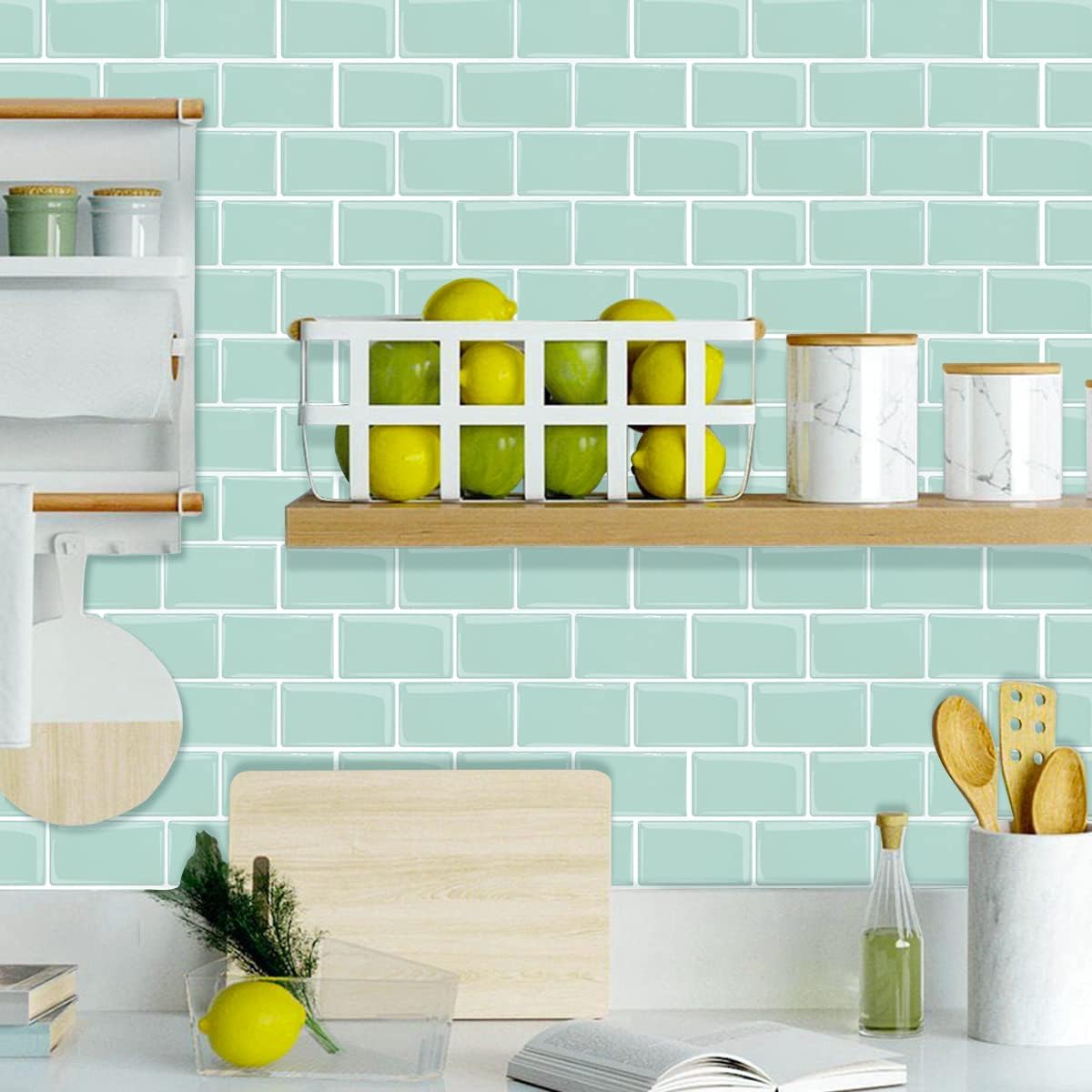 Protector contra salpicaduras de cocina autoadhesivo, color verde, azulejos grandes de metro para cocina, calcomanías adhesivas prémium para
