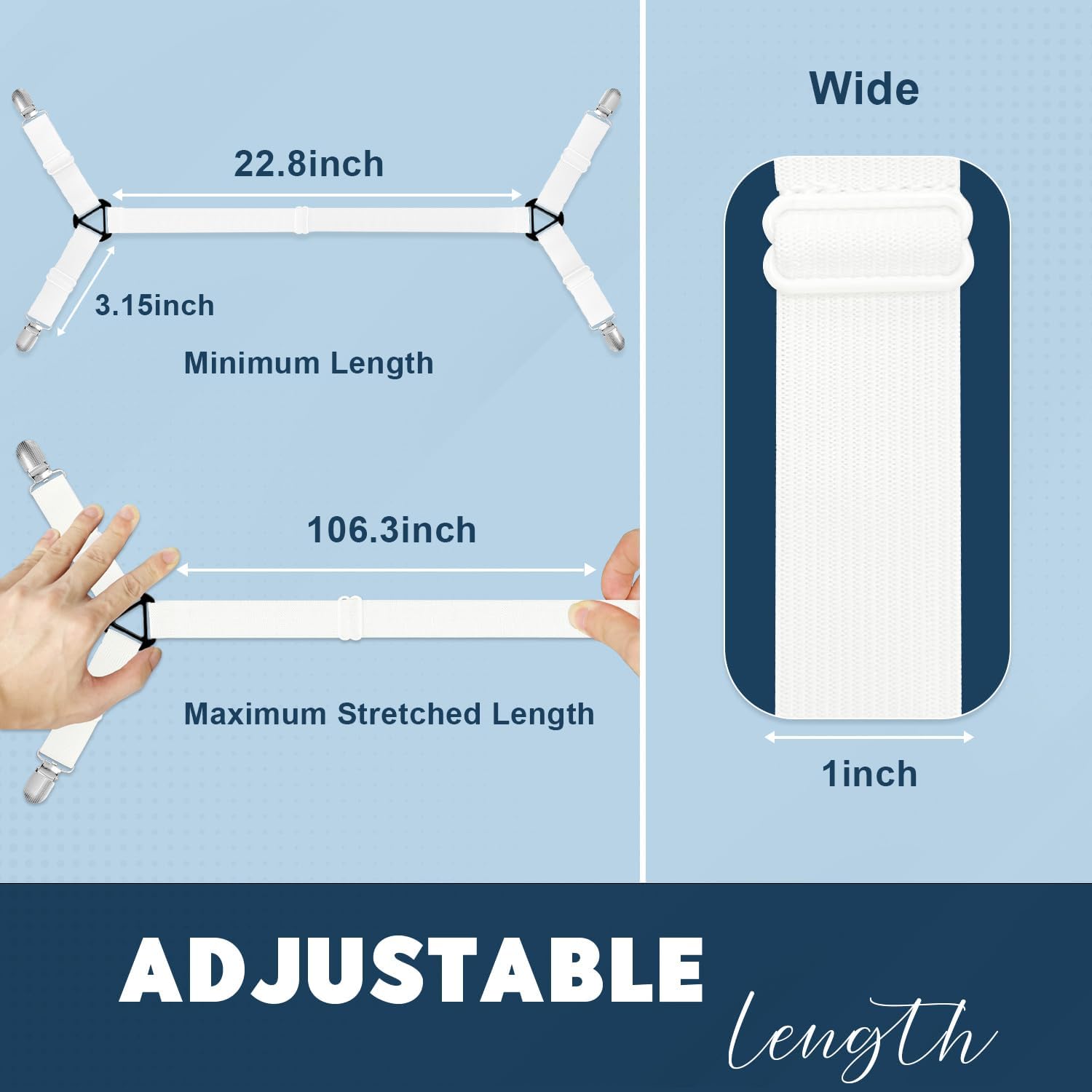 Correas antideslizantes para sábanas, 2 piezas de sujetadores ajustables extendidos para sábanas bajeras, cierres elásticos extra fuertes con clips