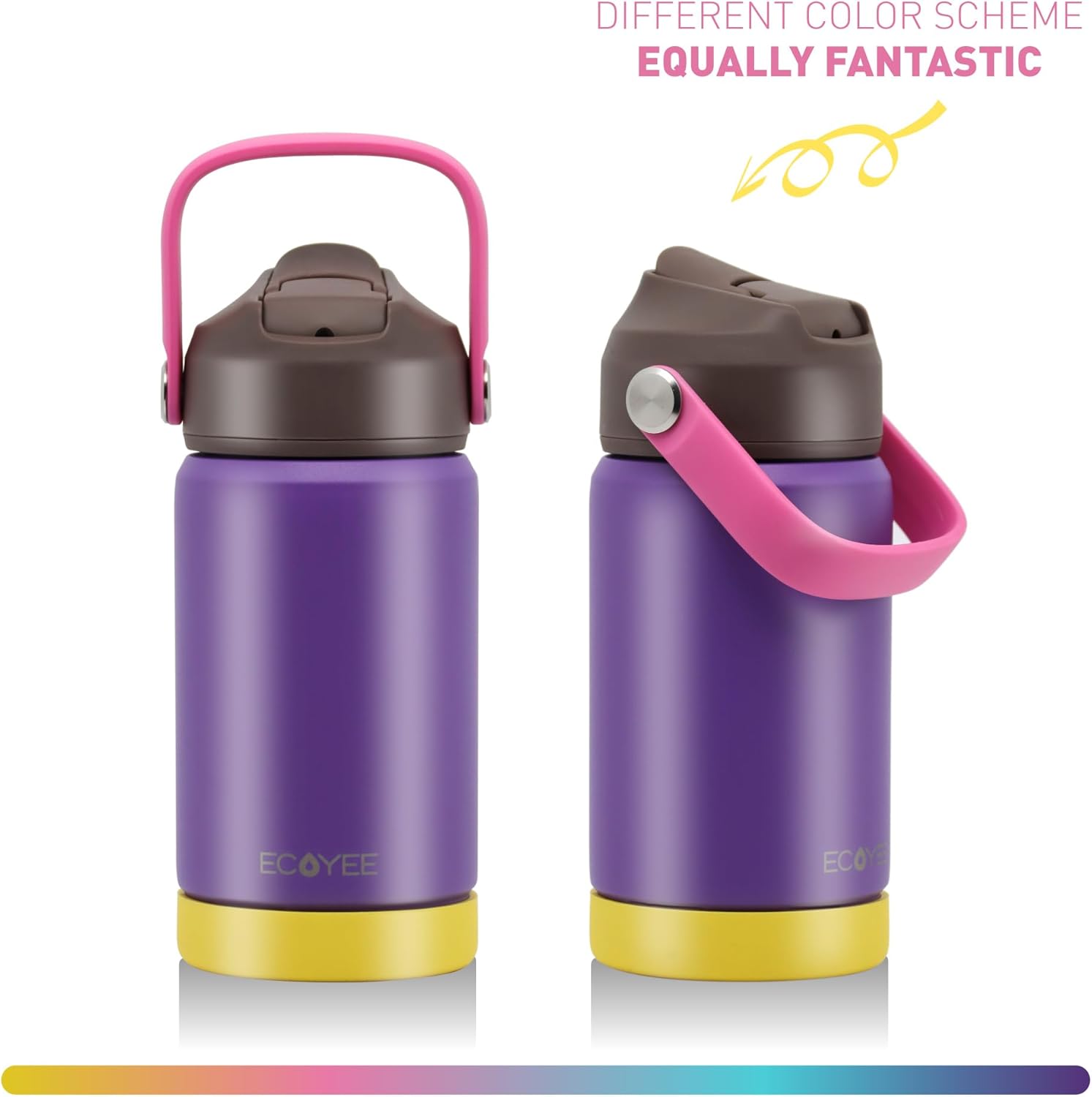Botella de agua aislada de acero inoxidable de 12 onzas para niños, tapa abatible de silicona de grado alimenticio, asa de transporte, base