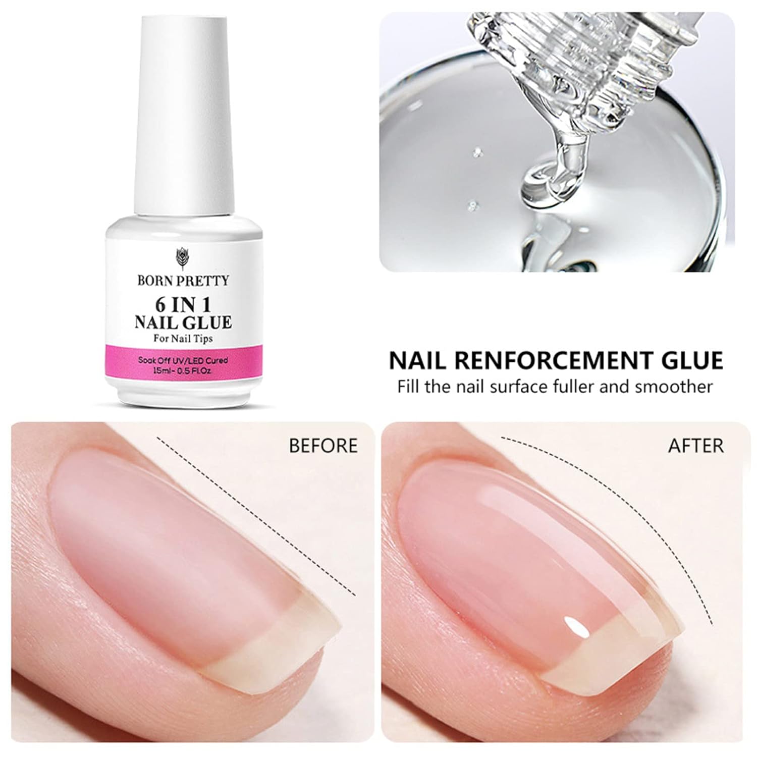 Capa base de gel de 0.5 onzas líquidas que no se limpia, 6 en 1 con pegamento UV LED para uñas, capa superior de gel para salón de uñas, lámpara LED