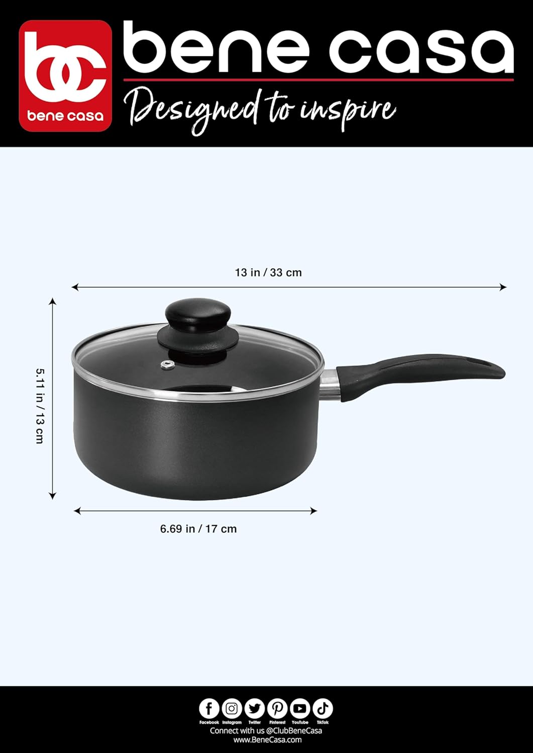 Bene Casa – Cacerola de aluminio antiadherente con tapa – Capacidad de 2 cuartos de galón – Apto para horno y lavavajillas – Mango Cool Touch
