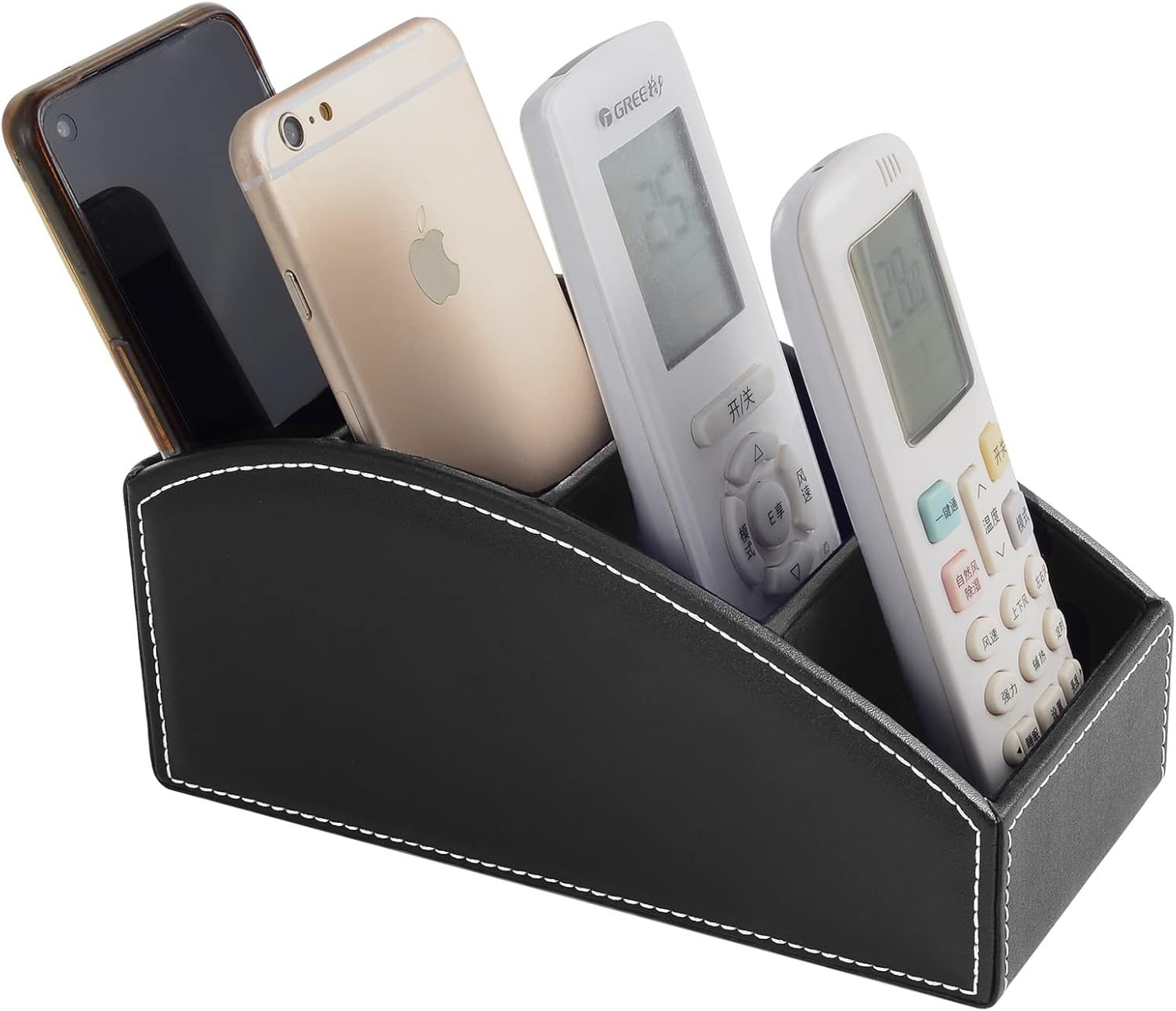 Soporte para control remoto de TV con 4 compartimentos, organizador de cuero sintético para mesita de noche, decoración de medios, control remoto,