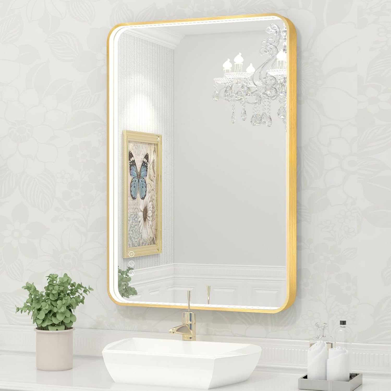 Twalsu Espejo de baño LED de 24 x 36 pulgadas con luces, espejo LED con marco de metal dorado para baño, 3 colores y espejo de tocador iluminado