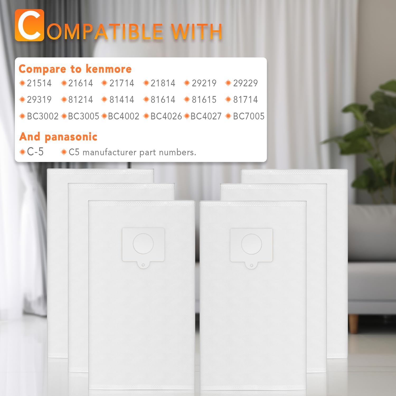 Paquete de 6 bolsas de vacío de tela HEPA 53292 Sears Style QC para Kenmore Canister 5055, 50557, 50558, 53291, 21814, 81214, BC3005, BC7005,