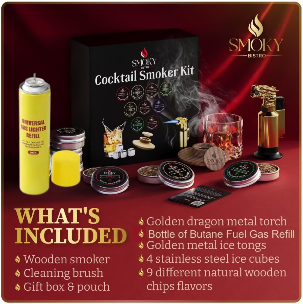 Kit de ahumador de cóctel con antorcha y recambio de gas combustible butano, 9 sabores de virutas de madera, kit de cóctel antiguo, kit de ahumador