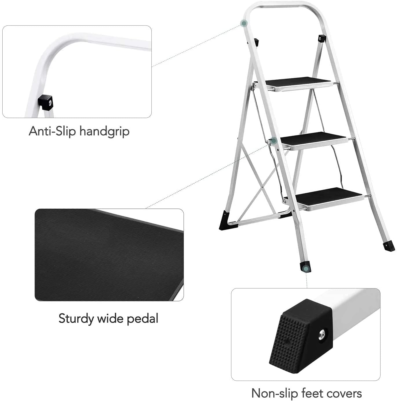 Escalera de acero de 3 escalones con mango plegable con pedal antideslizante ancho de 330 libras, taburete resistente para adultos, multiusos para