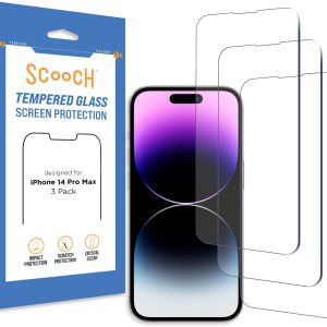 Scooch Protector de pantalla para iPhone 14 Pro Max (paquete de 3) vidrio templado 9H de alta calidad, antiarañazos, antihuellas, resistente a los Scooch Protector de pantalla para iPhone 14 Pro Max (paquete de 3) vidrio templado 9H de alta calidad, antiarañazos, antihuellas, resistente a los
