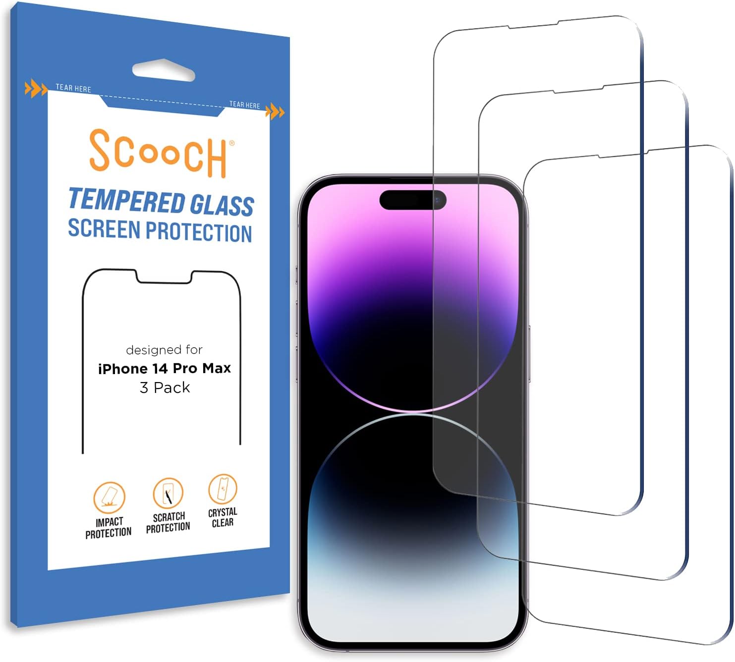 Scooch Protector de pantalla para iPhone 14 Pro Max (paquete de 3) vidrio templado 9H de alta calidad, antiarañazos, antihuellas, resistente a los